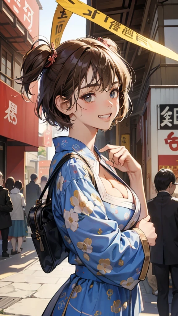 (perfect anatomy:1.2)(absurdres, highres, ultra detailed),masterpiece,best quality,high resolution,8k,Realistic face,Realistic skin texture,magnified textures, stunning clarity,detailed anime girl,(ultra detailed eyes and face),(:1.2),(baby face:1.2),japanese girl,floral printed blue yukata,、(very short hair, two side up:1.4)、tareme,light brown hair:1.2,kanzashi、glamor、short stature、(grin:1.4)、(bust up:1.4),Steampunk in the Edo Period、(Vivid hieroglyph signs and street advertisements:1.2)、busy、(worried about viewer:1.4),autumn、hieroglyph,souk、Shopping Street、Ancient Egyptian statues,reaching out,(tanned skin:1.3 ),big breasts,look up viewer,round face,Shoulder Bare,(from front:1.2),(cleavage cutout:1.4),