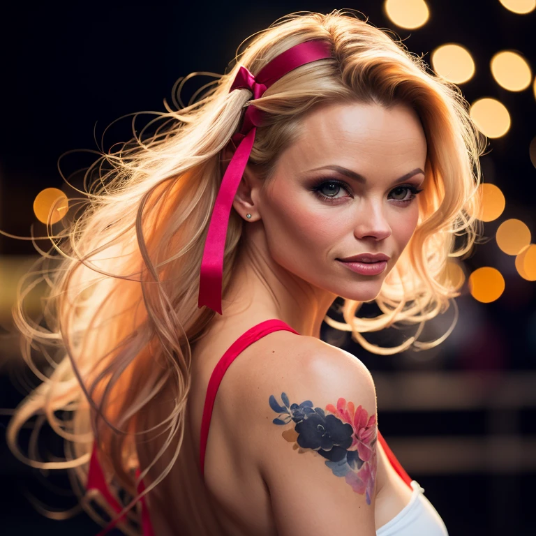 (8k, best quality, masterpiece:1.2),(best quality:1.0), (ultra highres:1.0), pencil colors, Pamela Anderson, shoulder, hair ribbons, by agnes cecile, full body photography, extremely luminous bright design, pastel colors, (ink:1.3), autumn lights