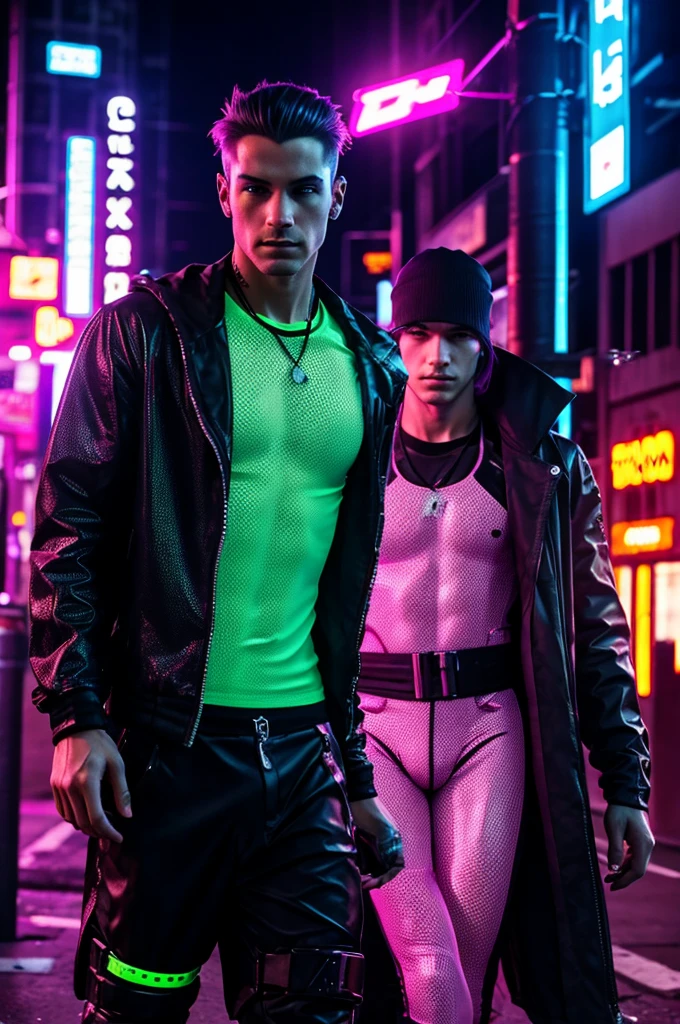 Cyberpunk, Male, attractive male, athletic, sex worker, cyberpunk sex worker, street worker, cyberpunk street worker, bright and colorful clothing, male sex worker, no female in focus, tight clothing, see through clothing, flashy clothing