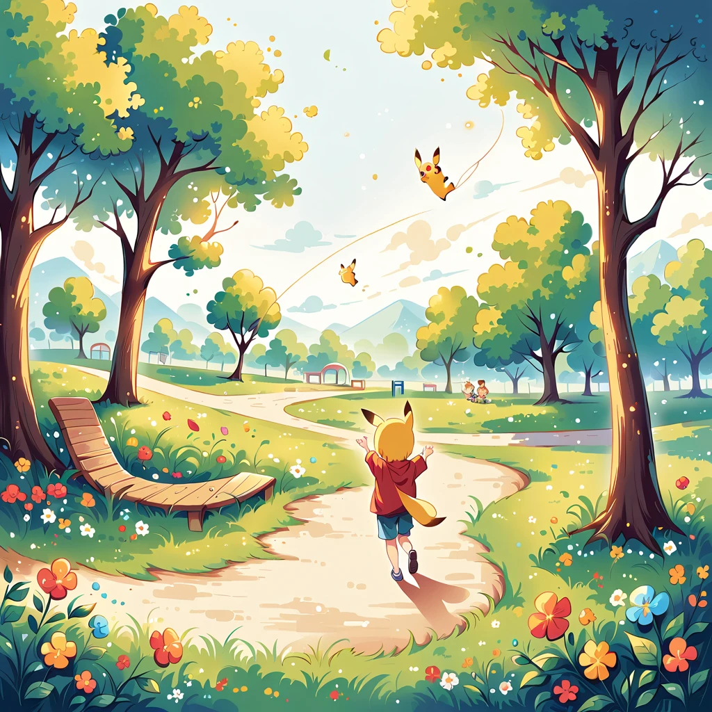 charming scene of Pikachu playing in a park. Pikachu should be seen running around, flying a kite, or playing with a ball. Include elements like trees, a playground, and other Pokémon or children playing in the background. The atmosphere should be vibrant and full of energy, capturing the joy of a day at the park