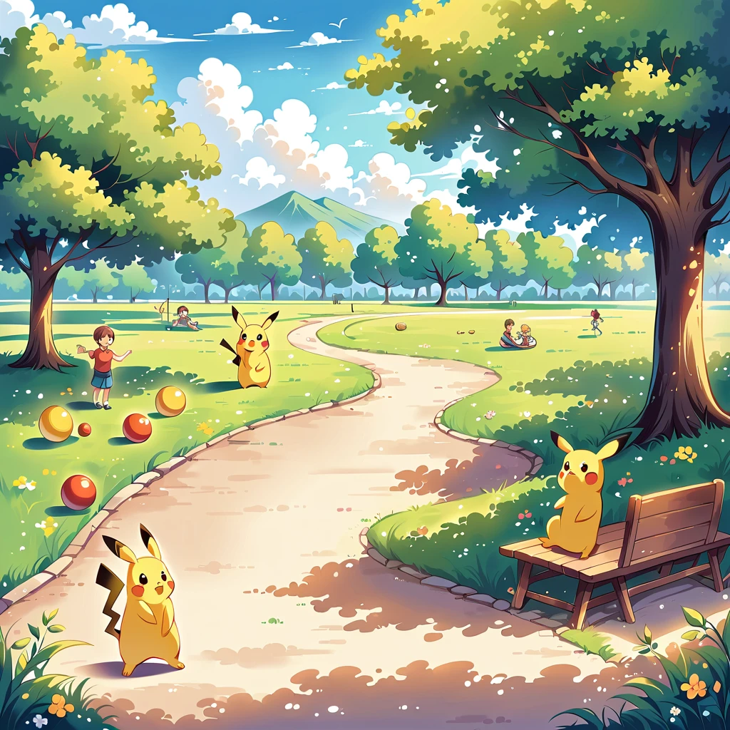charming scene of Pikachu playing in a park. Pikachu should be seen running around, flying a kite, or playing with a ball. Include elements like trees, a playground, and other Pokémon or children playing in the background. The atmosphere should be vibrant and full of energy, capturing the joy of a day at the park