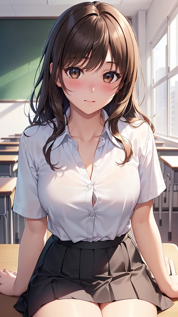 ((Tabletop, Highest quality, High resolution, Hmph, Pixel perfect, 4K, Hmph, Hmph))), One Girl, single, alone, Beauty、The whole body is visible、 ((Medium length wavy hair, bangs, Brown Hair)), ((Brown eyes, Beautiful eyelashes, Realistic eyes)), ((Detailed face, Blushing:1.2)), ((Smooth texture:0.75, Realistic texture:0.65, Realistic:1.1, Anime CG Style)), Medium chest, Dynamic Angle, Perfect body, ((school uniform, White shirt, Black Skirt, Unbuttoned shirt、Checked skirt、I'm not wearing shoes、White Sox)), An empty classroom、Sit at a desk、Lower'I took my feet off the desk................................、Very embarrassing panic smile、(Lift up your skirt with your right hand、Spread your legs、Open Knee、white floral lace panties)、、(Cute floral bra)、