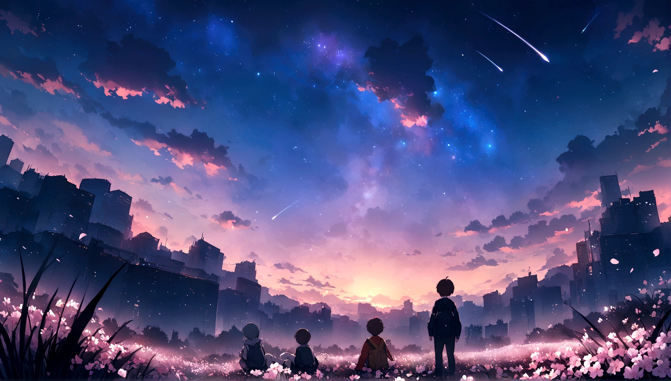 City of night、The sky is wonderful、meteor、3 year old little boy sitting on top of a building、Brown Hair、Back view、The city is bright with streetlights、Highest quality、Anime Scenery、Xin Haichen、building、Field、Milky Way 110207, distant 3 year old little boy staring at the，（Zoom out：1.1），（meteor：1.2）、（comet：1.1，yourname、Low Angle、From behind、Alola、shooting star、cherry blossoms、Standing in the Field、Highest quality、masterpiece、cloud、colorful、Starry Sky、