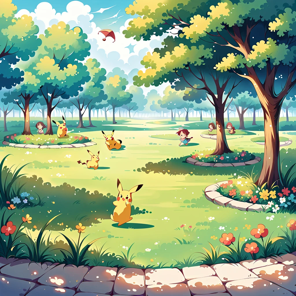 charming scene of Pikachu playing in a park. Pikachu should be seen running around, flying a kite, or playing with a ball. Include elements like trees, a playground, and other Pokémon or children playing in the background. The atmosphere should be vibrant and full of energy, capturing the joy of a day at the park