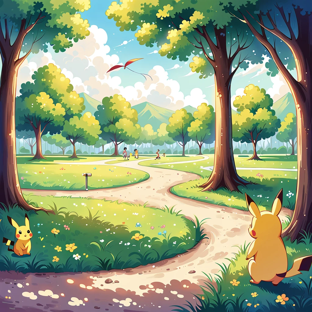 charming scene of Pikachu playing in a park. Pikachu should be seen running around, flying a kite, or playing with a ball. Include elements like trees, a playground, and other Pokémon or children playing in the background. The atmosphere should be vibrant and full of energy, capturing the joy of a day at the park