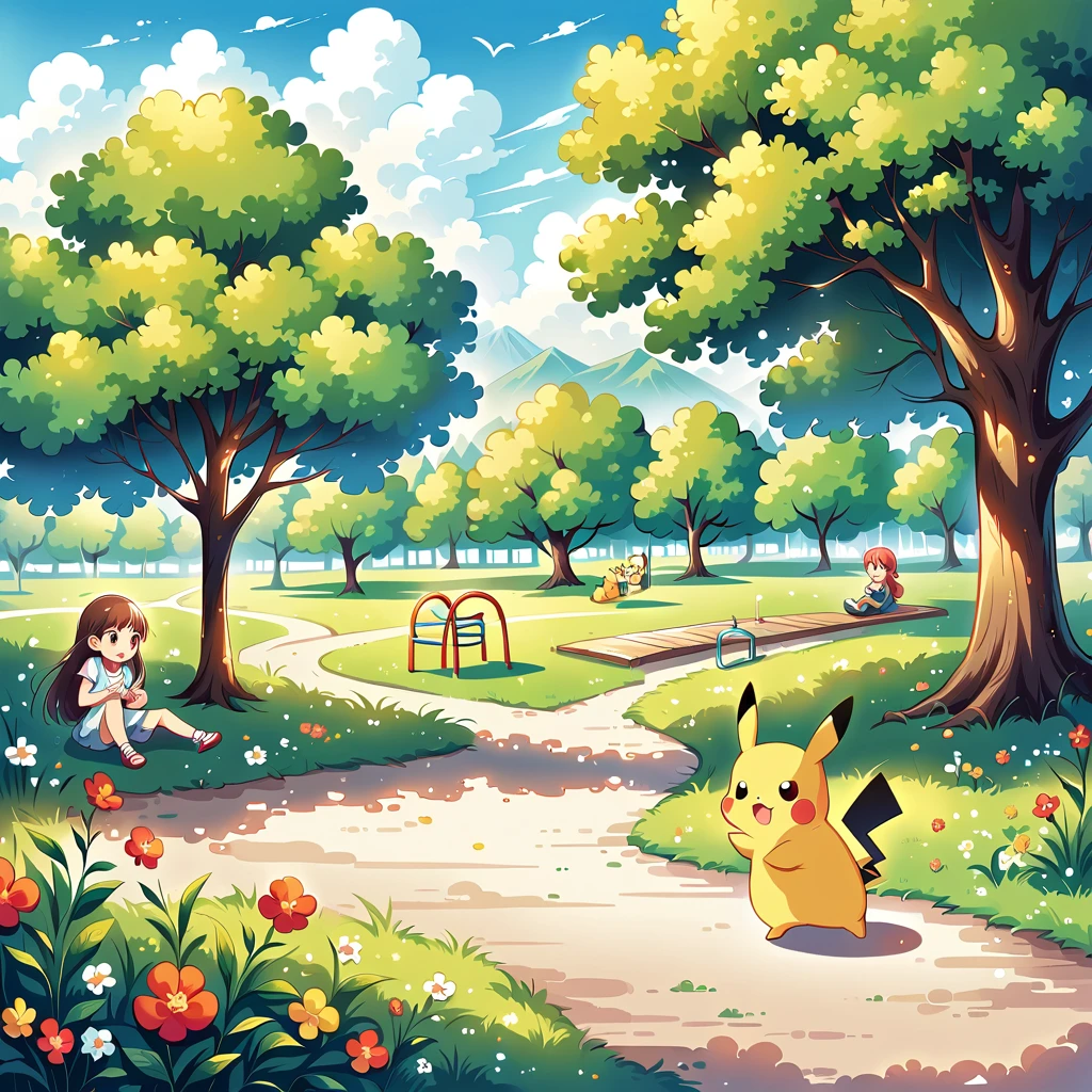 charming scene of Pikachu playing in a park. Pikachu should be seen running around, flying a kite, or playing with a ball. Include elements like trees, a playground, and other Pokémon or children playing in the background. The atmosphere should be vibrant and full of energy, capturing the joy of a day at the park
