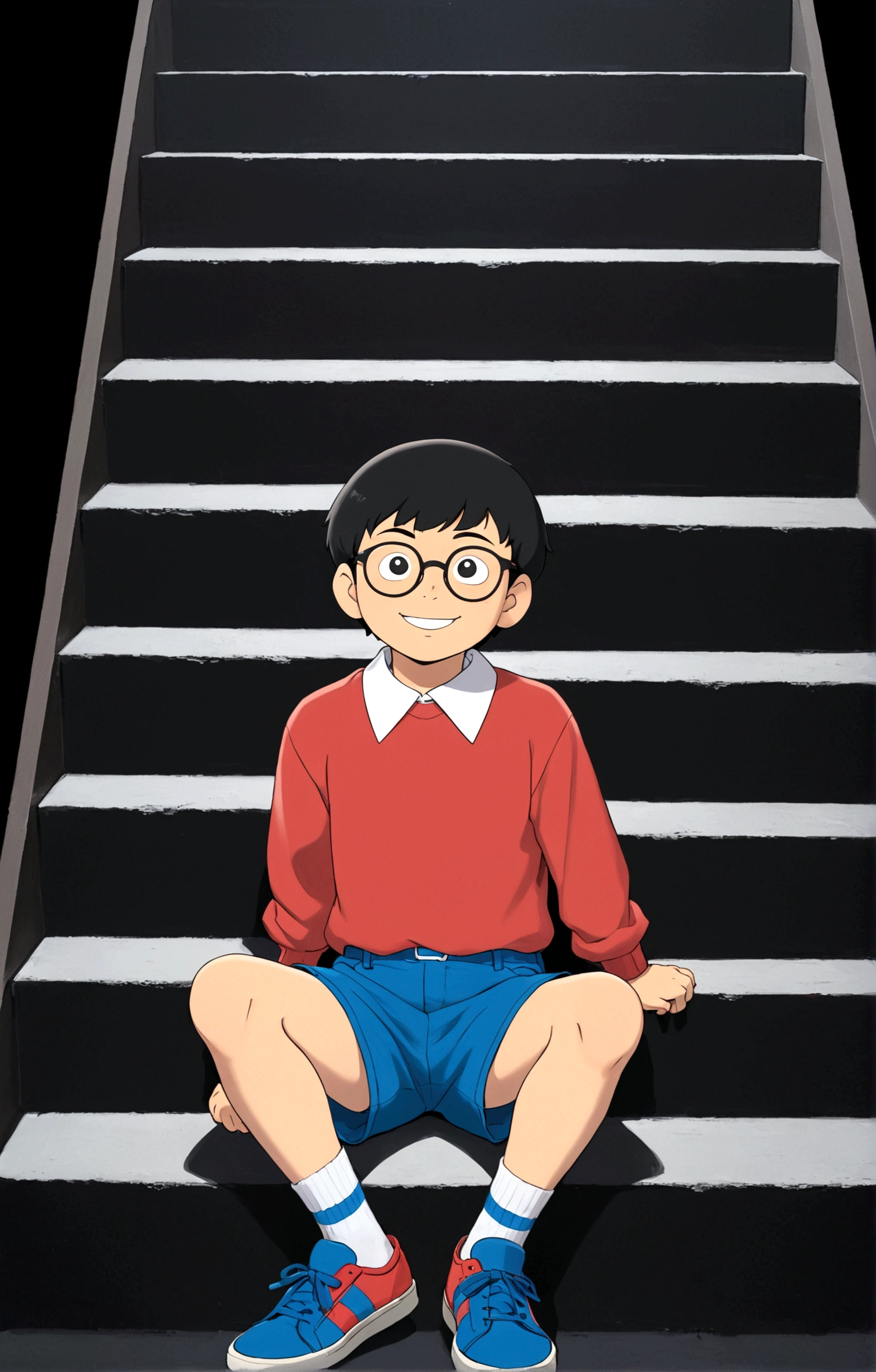 Nobita Nobi,solo, smile, simple background, shirt, black hair, long sleeves, 1boy, sitting, full body, male focus, shoes, glasses, shorts, socks, collared shirt, black background, red shirt, blue shorts, blue footwear, stairs
