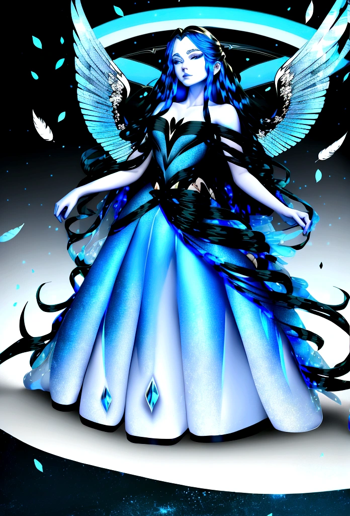 Arafed, a picture of a female angel in high society prom event, divine beautiful female angel, red hair, long hair, flowing hair, the hair glows in a soft light, cerulean eyes, deep light eyes, divine feminine face, (spread white feather wings: 1.2), she wears a (( blue and black evening dress: 1.5)), elegant, intricate detailed dress, silk dress, small cleavage, some crystals on the dress, she wears elegant knee high heeled boots, exquisite knee high heeled boots, she stands on the porch of a fantasy castle, dynamic angle, soft torch light, (Masterpiece: 1.5), 16k, highres, best quality, high details, ultra detailed, masterpiece, best quality, (extremely detailed), AngelStyle, GlowingRunesAI_paleblue, angel_wings, Angel