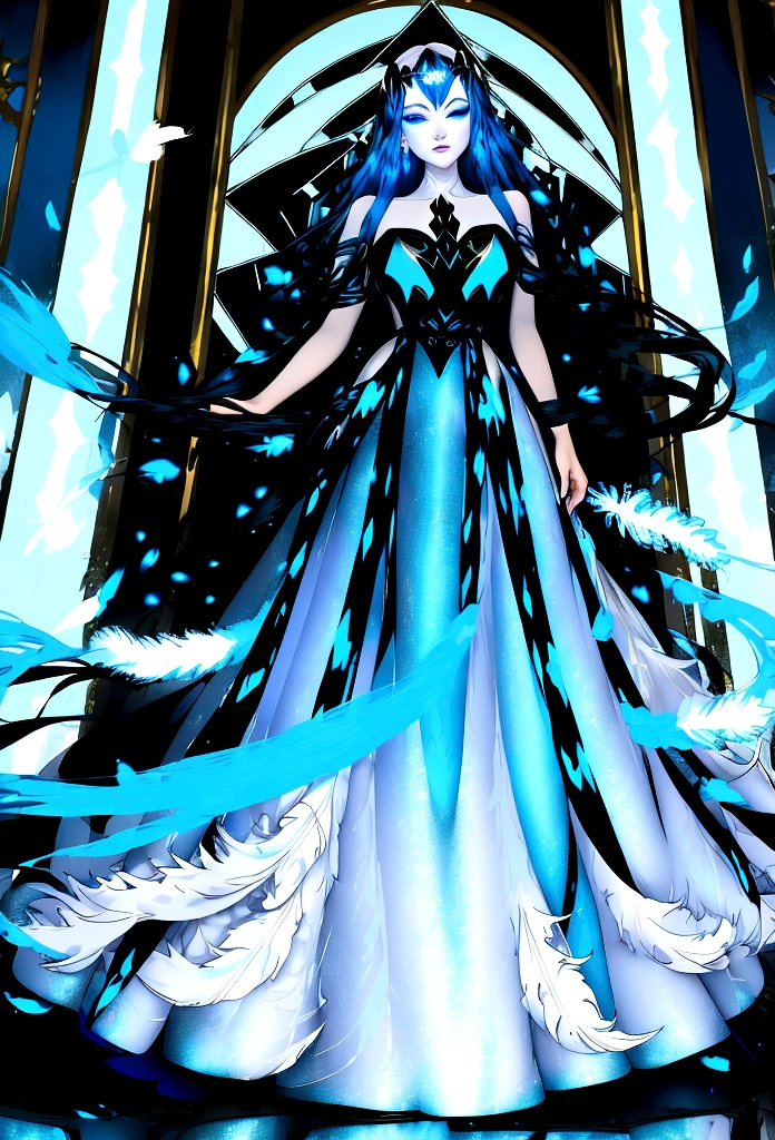 Arafed, a picture of a female angel in high society prom event, divine beautiful female angel, red hair, long hair, flowing hair, the hair glows in a soft light, cerulean eyes, deep light eyes, divine feminine  face, (spread white feather wings: 1.2), she wears a (( blue and black evening dress: 1.5)), elegant, intricate detailed dress, silk dress, small cleavage, some crystals on the dress,  she wears elegant knee high heeled boots, exquisite knee high heeled boots, she stands on the porch of a fantasy castle, dynamic angle, soft torch light, (Masterpiece: 1.5), 16k, highres, best quality, high details, ultra detailed, masterpiece, best quality, (extremely detailed), AngelStyle, GlowingRunesAI_paleblue, angel_wings, Angel