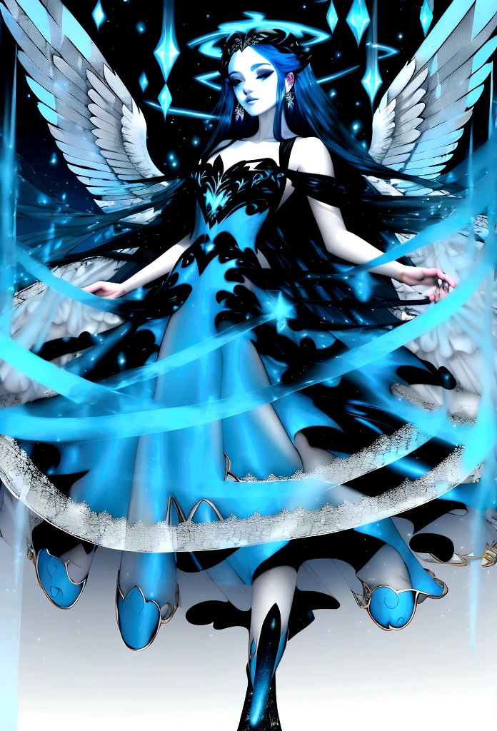 Arafed, a picture of a female angel in high society prom event, divine beautiful female angel, red hair, long hair, flowing hair, the hair glows in a soft light, cerulean eyes, deep light eyes, divine feminine face, (spread white feather wings: 1.2), she wears a (( blue and black evening dress: 1.5)), elegant, intricate detailed dress, silk dress, small cleavage, some crystals on the dress, she wears elegant knee high heeled boots, exquisite knee high heeled boots, she stands on the porch of a fantasy castle, dynamic angle, soft torch light, (Masterpiece: 1.5), 16k, highres, best quality, high details, ultra detailed, masterpiece, best quality, (extremely detailed), AngelStyle, GlowingRunesAI_paleblue, angel_wings, Angel