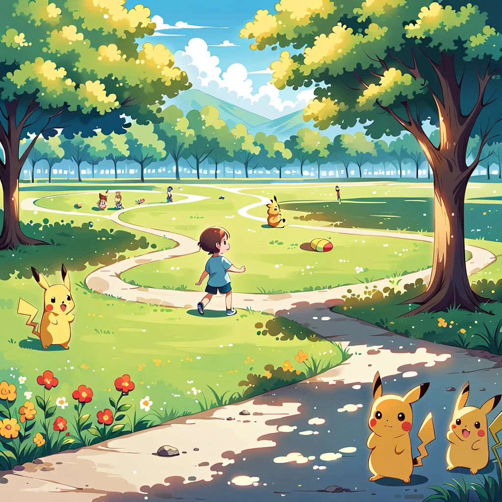 charming scene of Pikachu playing in a park. Pikachu should be seen running around, flying a kite, or playing with a ball. Include elements like trees, a playground, and other Pokémon or children playing in the background. The atmosphere should be vibrant and full of energy, capturing the joy of a day at the park