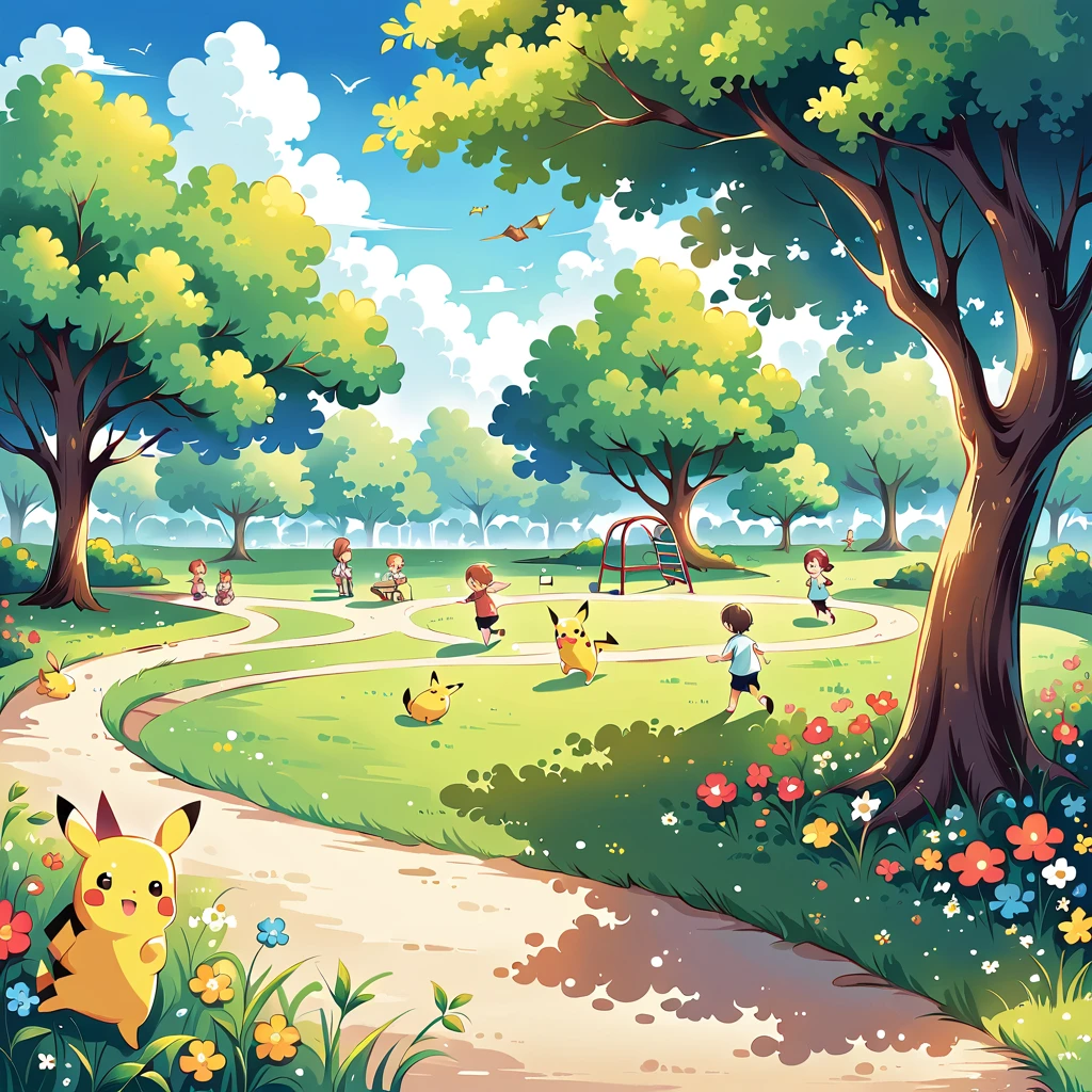 charming scene of Pikachu playing in a park. Pikachu should be seen running around, flying a kite, or playing with a ball. Include elements like trees, a playground, and other Pokémon or children playing in the background. The atmosphere should be vibrant and full of energy, capturing the joy of a day at the park