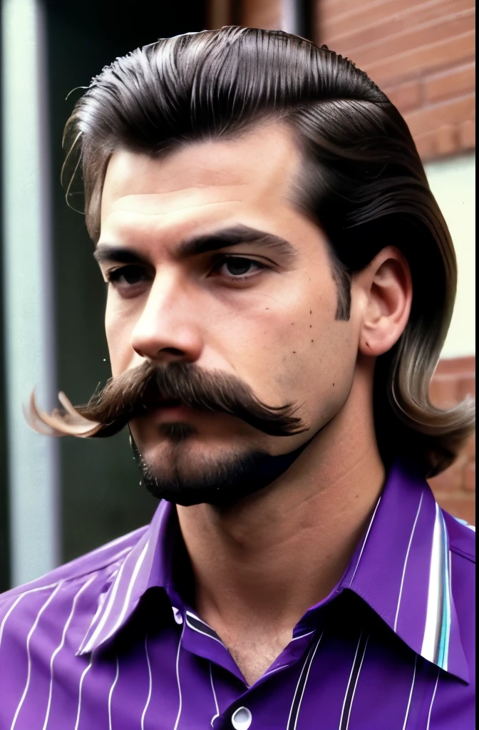 a close up of a man with a mustache and a striped shirt, an album cover by Bruce Gilden, flickr, fantastic realism, 1 9 8 0 s mullet haircut, mullet haircut, he got a big french musctache, 8 0 s haircut, mullet, 8 0's hairstyle, 80s hair, mullet long haircut, purple mullet, 8 0 ’ s portrait