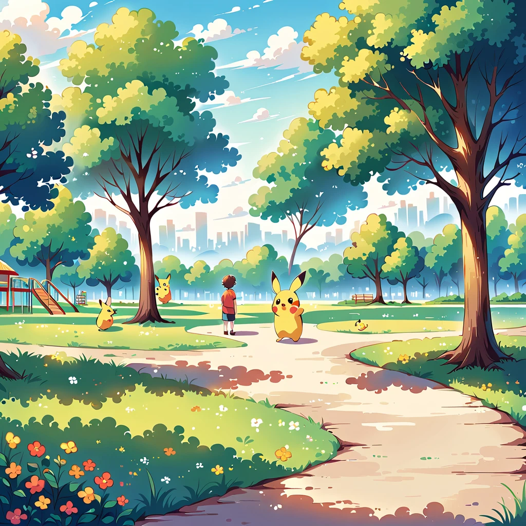 charming scene of Pikachu playing in a park. Pikachu should be seen running around, flying a kite, or playing with a ball. Include elements like trees, a playground, and other Pokémon or children playing in the background. The atmosphere should be vibrant and full of energy, capturing the joy of a day at the park