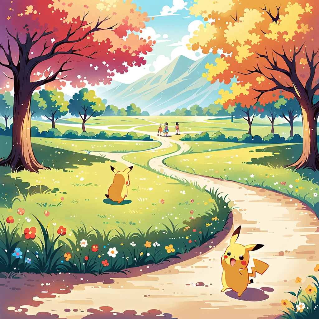charming scene of Pikachu playing in a park. Pikachu should be seen running around, flying a kite, or playing with a ball. Include elements like trees, a playground, and other Pokémon or children playing in the background. The atmosphere should be vibrant and full of energy, capturing the joy of a day at the park