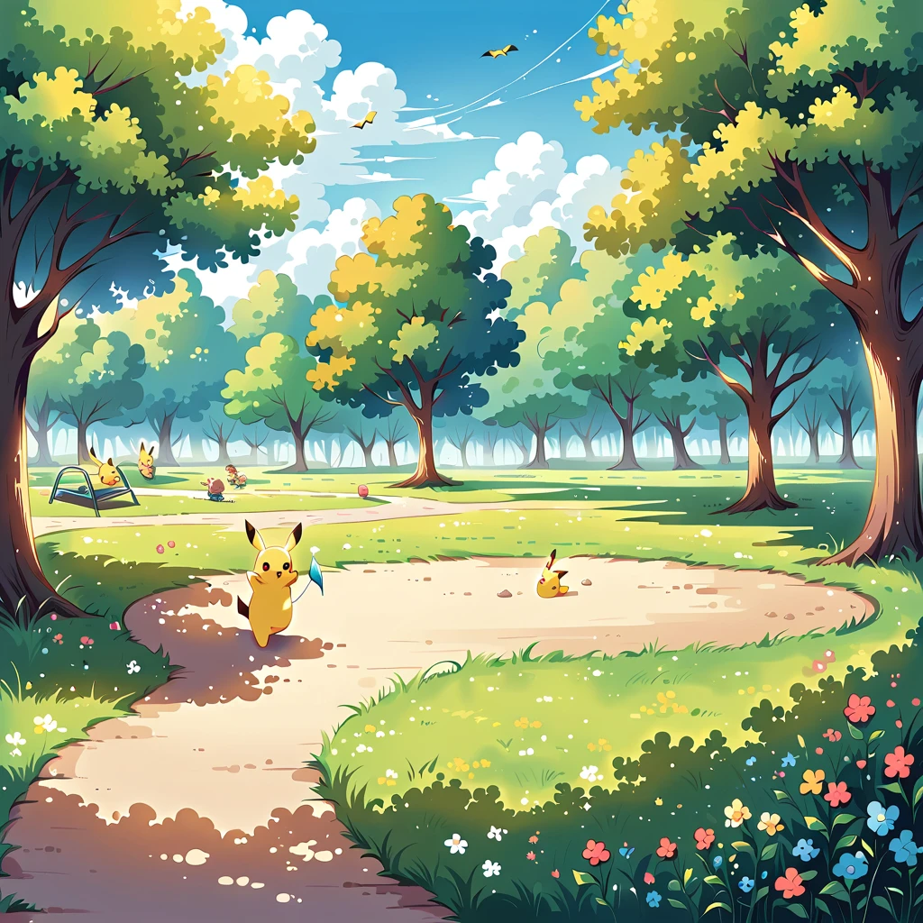 charming scene of Pikachu playing in a park. Pikachu should be seen running around, flying a kite, or playing with a ball. Include elements like trees, a playground, and other Pokémon or children playing in the background. The atmosphere should be vibrant and full of energy, capturing the joy of a day at the park