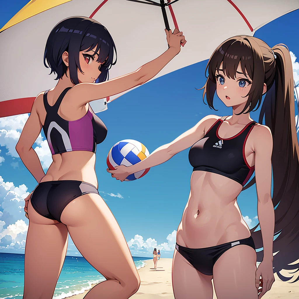 Multiple girls in swimsuits on the beach playing volleyball cuerpo perfecto