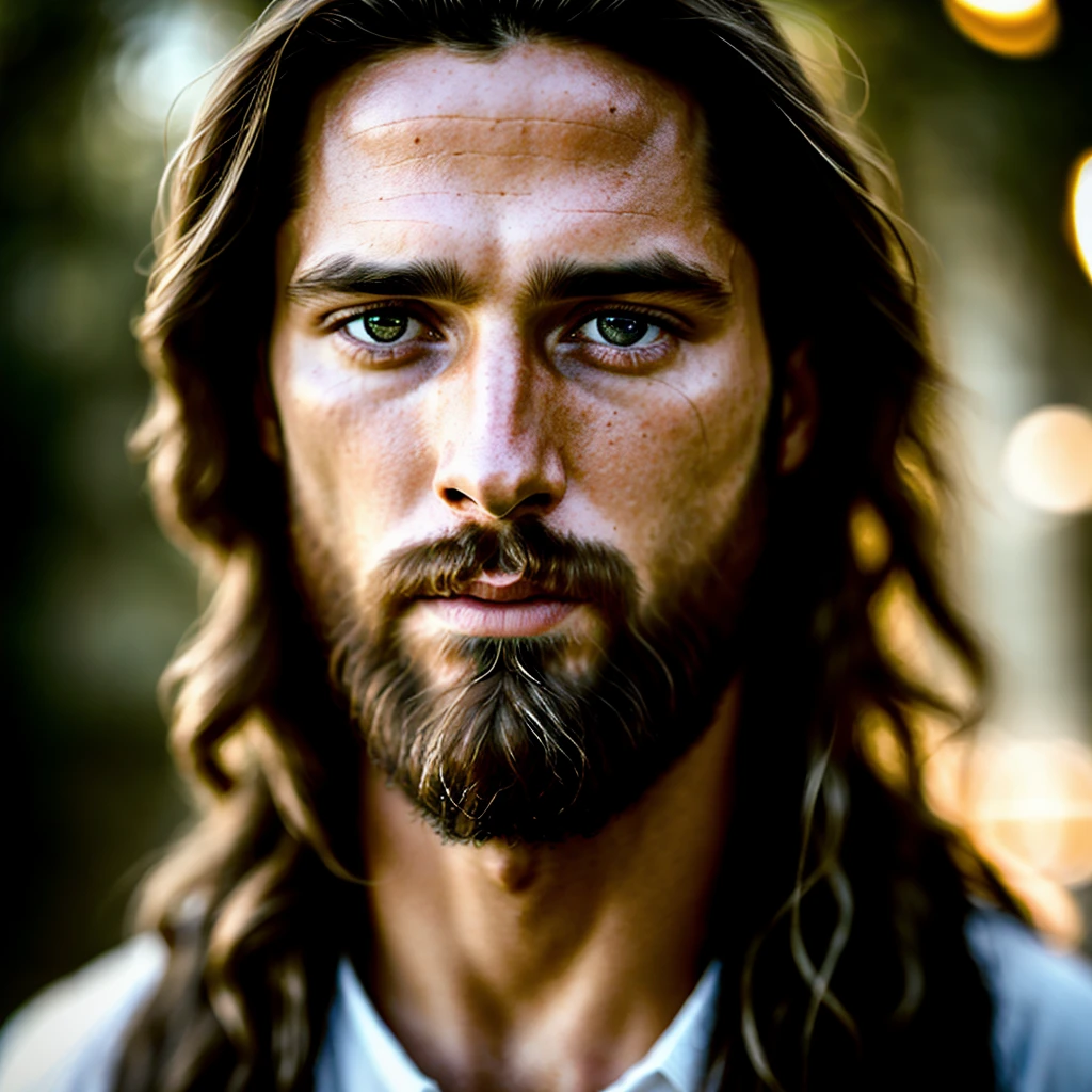 portrait of modern day Jesus, cinematic lighting, depth of field, bokeh, realism, photorealistic, hyperrealism, professional photography, uhd, dslr, hdr