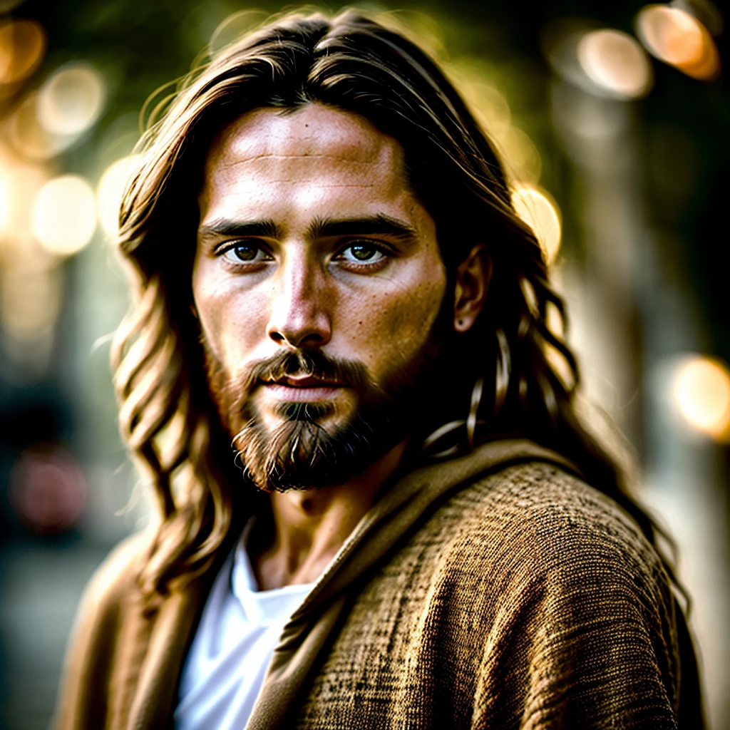 portrait of modern day Jesus, cinematic lighting, depth of field, bokeh, realism, photorealistic, hyperrealism, professional photography, uhd, dslr, hdr