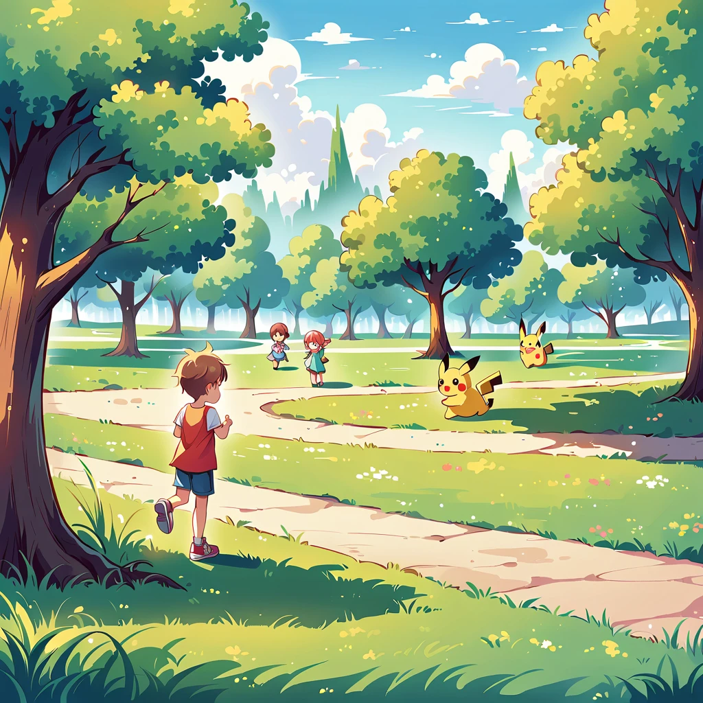charming scene of Pikachu playing in a park. Pikachu should be seen running around, flying a kite, or playing with a ball. Include elements like trees, a playground, and other Pokémon or children playing in the background. The atmosphere should be vibrant and full of energy, capturing the joy of a day at the park