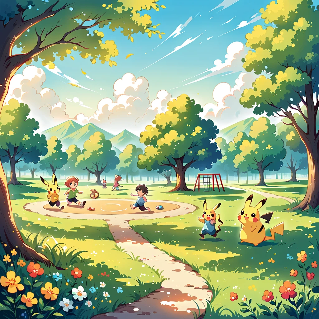 charming scene of Pikachu playing in a park. Pikachu should be seen running around, flying a kite, or playing with a ball. Include elements like trees, a playground, and other Pokémon or children playing in the background. The atmosphere should be vibrant and full of energy, capturing the joy of a day at the park