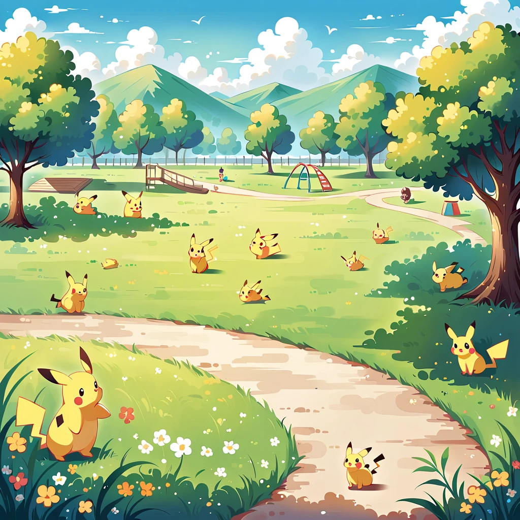 charming scene of Pikachu playing in a park. Pikachu should be seen running around, flying a kite, or playing with a ball. Include elements like trees, a playground, and other Pokémon or children playing in the background. The atmosphere should be vibrant and full of energy, capturing the joy of a day at the park