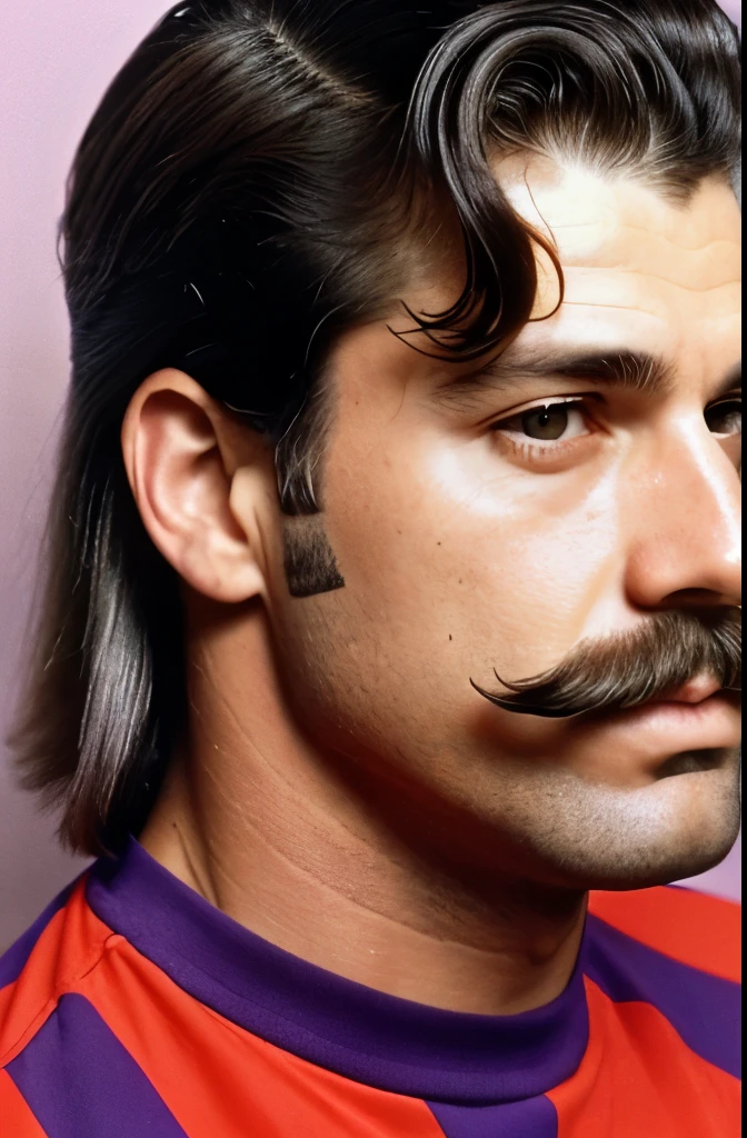 a close up of a man with a mustache and a striped shirt, an album cover by Bruce Gilden, flickr, fantastic realism, 1 9 8 0 s mullet haircut, mullet haircut, he got a big french musctache, 8 0 s haircut, mullet, 8 0's hairstyle, 80s hair, mullet long haircut, purple mullet, 8 0 ’ s portrait