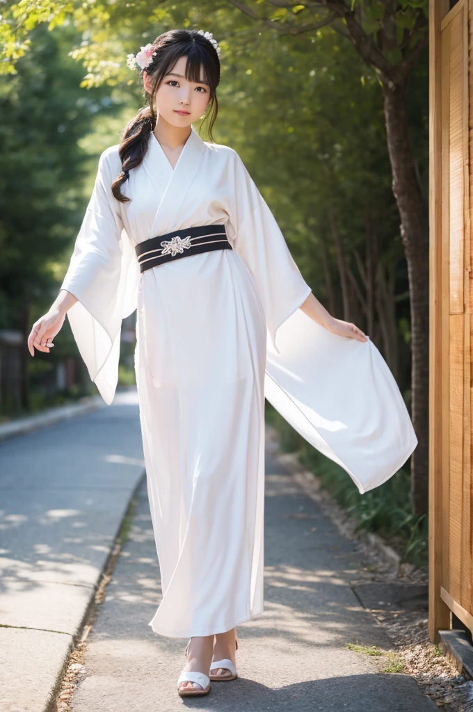 A young woman standing in a pure white kimono