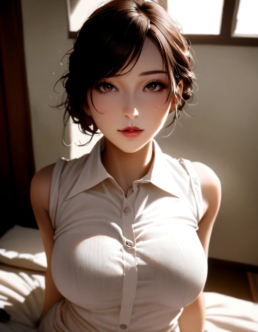 Arab asian woman in white shirt sitting on bed, wearing Tight shirt, Tight shirt, Japanese Model, Shot with a Canon 5D MK4, Realistic young gravure idol, Shot with Sony A7R camera, Yoshitomo Nara, Wearing a white shirt, Beautiful Japanese girl face, Beautiful Asian Girl