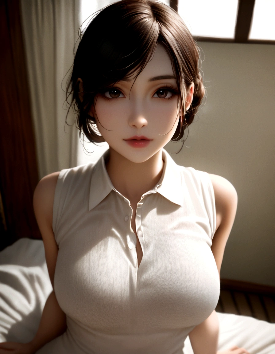 Arab asian woman in white shirt sitting on bed, wearing Tight shirt, Tight shirt, Japanese Model, Shot with a Canon 5D MK4, Realistic young gravure idol, Shot with Sony A7R camera, Yoshitomo Nara, Wearing a white shirt, Beautiful Japanese girl face, Beautiful Asian Girl