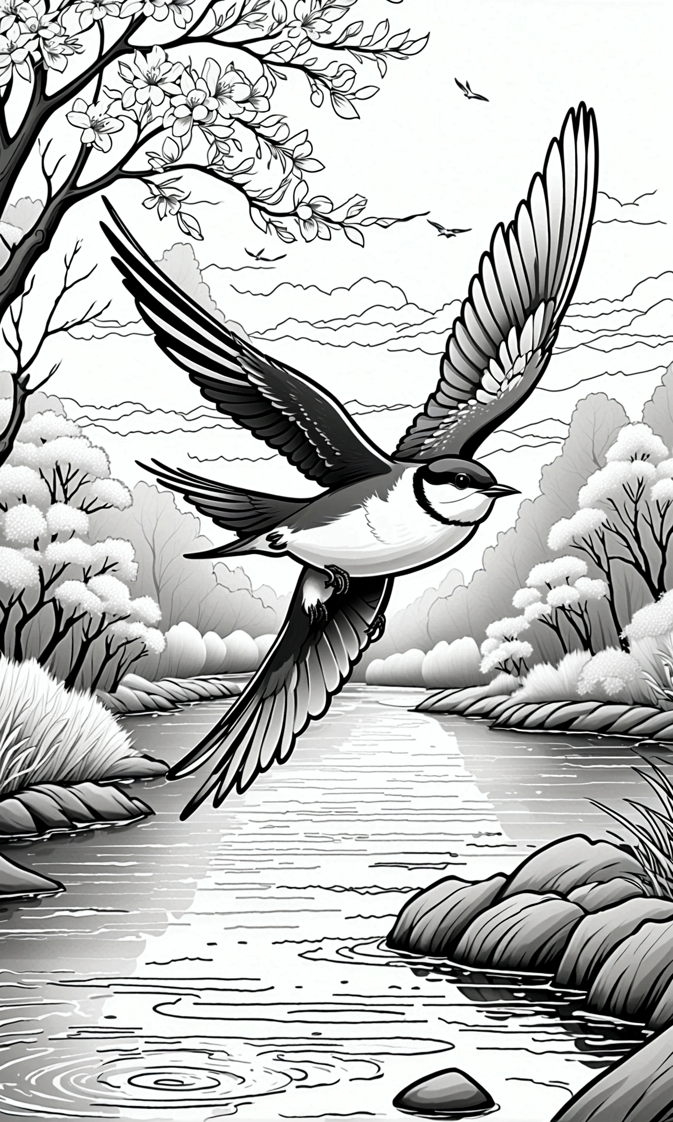 As a coloring book. White background, black and white, line drawing. No coloring. No coloring! borders should be simple, clear, distinct, and thick lines. By Cartoon style of [swallow], [flying with wings spread wide], [over a river], [willow trees]