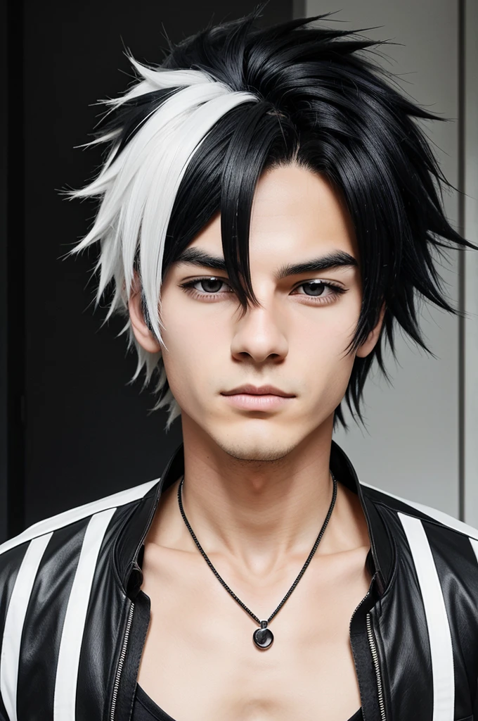 create me a image of a cool black and white haired boy in anime style