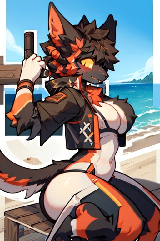 ((best quality, masterpiece, perfect anatomy, detailed picture)), furry, 1female, Aak, (Arknights), sexy body, cat tail, red blushing, in the beach, massive breasts and hips and butt, any pose, doing anything, sexy, blushing, butt naked