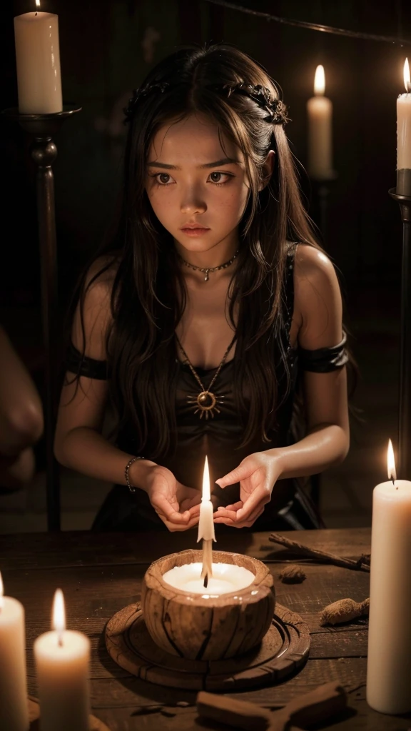 A girl being sacrificed in a witchcraft ritual, one of the group members is about to stab the girl who is desperate 