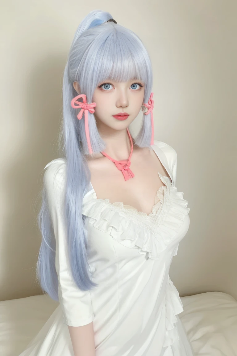 best quality, tmasterpiece,Ultra-high resolution,Clear face,(Reality:1.4),ferpect lighting,(upper body shot:1.5), (photorealistic:1.50), anime wallpaper, Guviz style artwork, cover-up fantasy up to magic , by Yang J, Guviz, beautiful artwork illustration, beautiful digital artwork, beautiful digital illustration, Li Song, beautiful anime portrait, art style in Beauvot,1girl, solo, long hair, white hair, Ponytail hair, Hair ribbon, Red ribbon, Bangs, hair ornament, (Bandage clothes:1.3), (short dress:1.3), (white dress),Thigh, standing,(super Giant :1.10),(Sagging breast(Cleavage:1.5)yes:1.5),