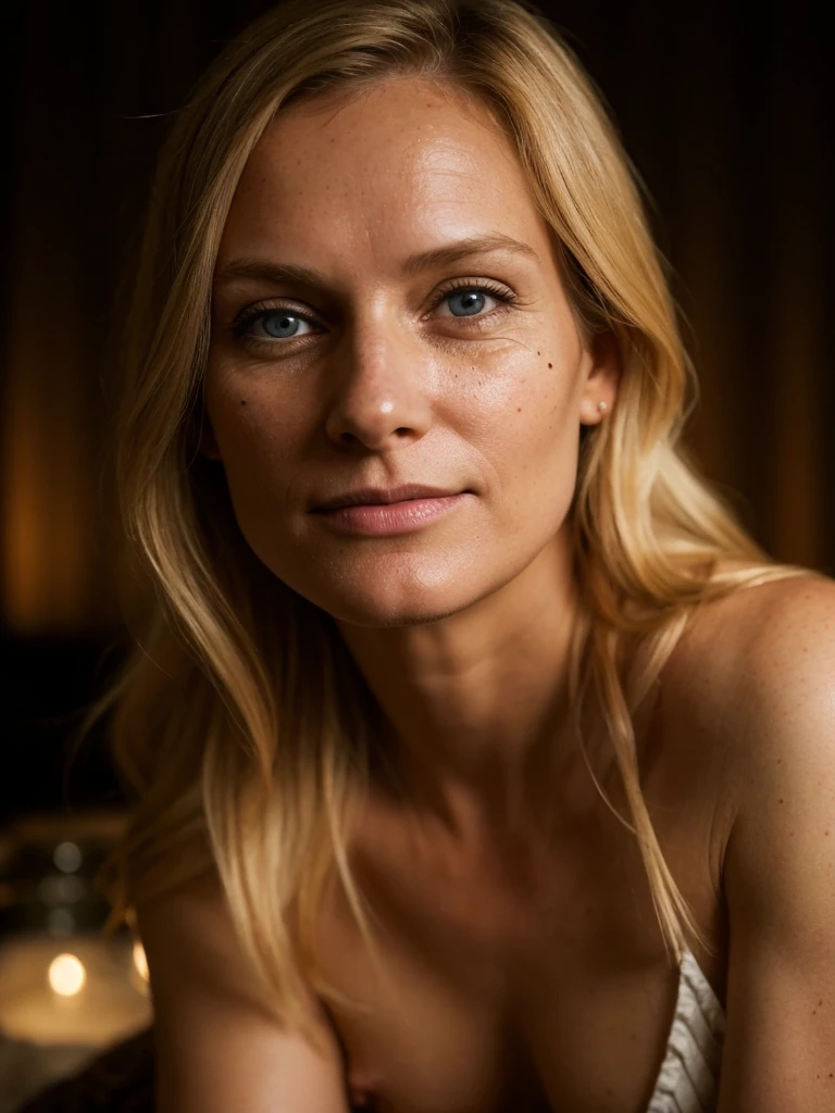 solo, photorealistic, best quality, hyper detailed, (((38-year-old Norwegian woman))), (((mature-looking face))), (((high detailed skin texture and pores))), (((moles))), (((high detailed deep wrinkles))), (((medium length wavy blonde hair))), (((Norwegian eyes))), (((Norwegian face))), (((Norwegian nose))), (((Norwegian lips))), (((Norwegian body type))), (((realistic nipples))), BREAK, ((full body shot)), ((she's nude)), siting (dynamic pose) down, ((background: nude beach)), seductive, smile, BREAK, to8contrast style, (dimly lit, low lit, deep focus, harsh shadows), (dark scene:1.2), cinematic lighting, ((looking at viewer))