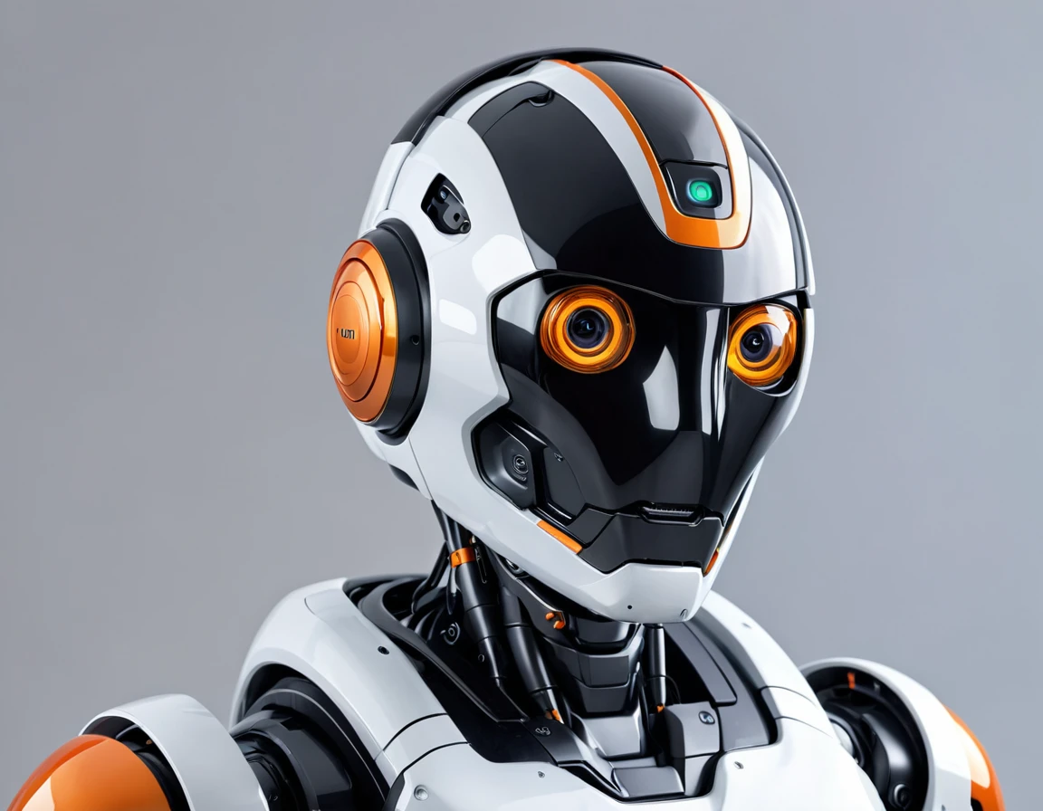 Create a realistic image of an adult male AI robot with a predominantly orange and black appearance. He should be wearing a helmet with glasses covering his eyes, but his mouth is visible and he's smiling at the camera. The AI robot should be posing in a funny manner in front of the camera, with his entire body clearly visible from head to toe. The background should be white. The overall scene should emphasize the whimsical and playful nature of the AI robot character