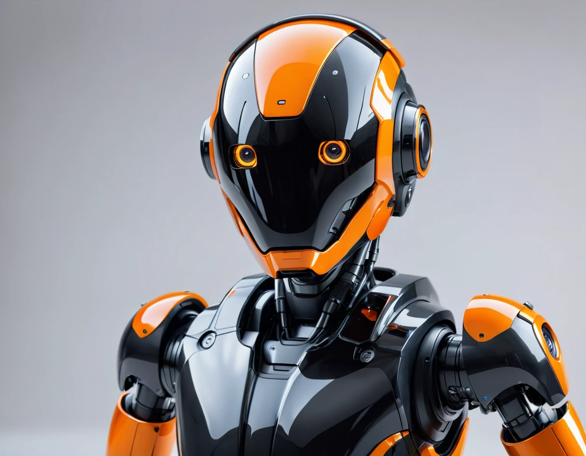 Create a realistic image of an adult male AI robot with a predominantly orange and black appearance. He should be wearing a helmet with glasses covering his eyes, but his mouth is visible and he's smiling at the camera. The AI robot should be posing in a funny manner in front of the camera, with his entire body clearly visible from head to toe. The background should be white. The overall scene should emphasize the whimsical and playful nature of the AI robot character