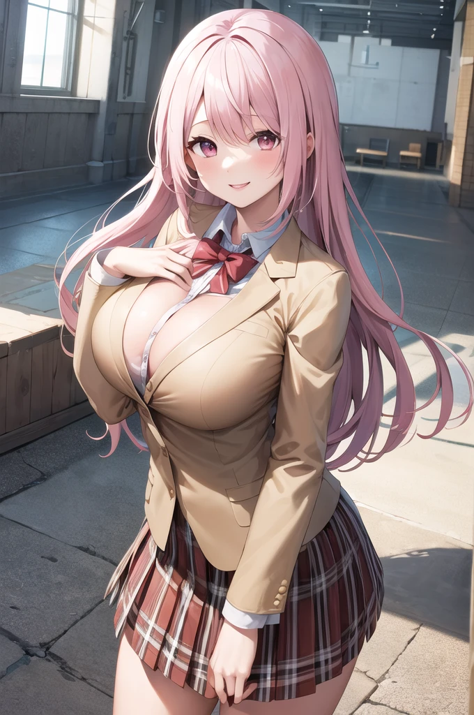 masterpiece, Highest quality, High resolution, Viewka, Long Hair, Pink Hair,Big Tits,Large Breasts,Place hands on both chests,Tight,Beige blazer,skirt, smile, Are standing, Cowboy Shot