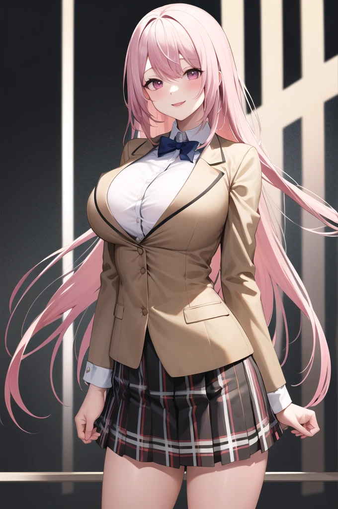 masterpiece, Highest quality, High resolution, Viewka, Long Hair, Pink Hair,Big Tits,Large Breasts,Place hands on both chests,Tight,Beige blazer,skirt, smile, Are standing, Cowboy Shot