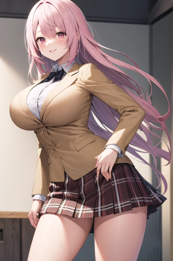 masterpiece, Highest quality, High resolution, Viewka, Long Hair, Pink Hair,Big Tits,Large Breasts,Place hands on both chests,Tight,Beige blazer,skirt, smile, Are standing, Cowboy Shot