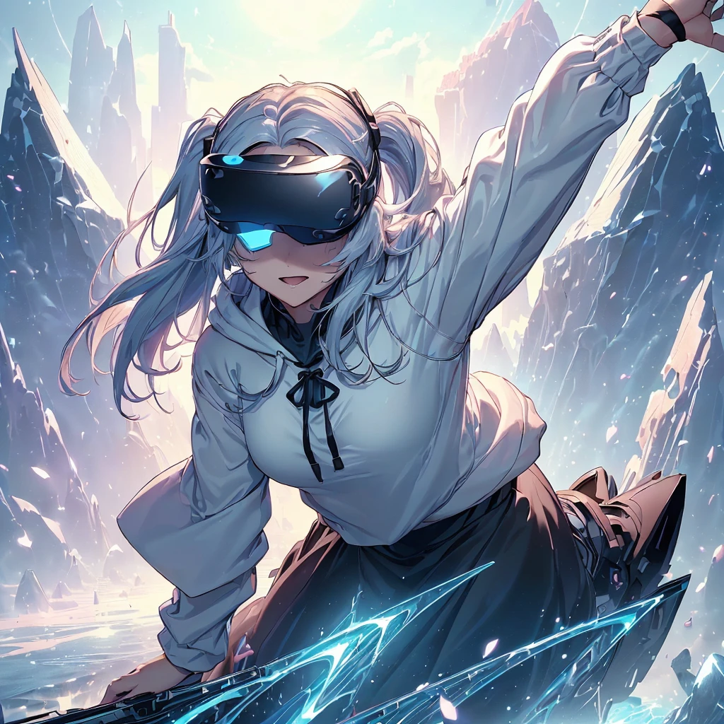 1girl、The best composition、」(((最high quality、Best image quality、masterpiece、ダイナミックなThe best composition、Teenage Girls)))、((White and blue hoodie、Black Skirt、18-year-old、 Ager、Best Bust、Large bast,Beautiful light blue eyes, Long silver hair、Slender,Big Valley、Show the whole body、Leaning forward、Wear the single-eye VR visor on your eye、Jump pose、Excited face、Play VR,)),high quality、Beautiful art、background(( Cyber World、Cyber World、Space World))masterpiece、Depth of written boundary,Super huge、Cyber Sword、