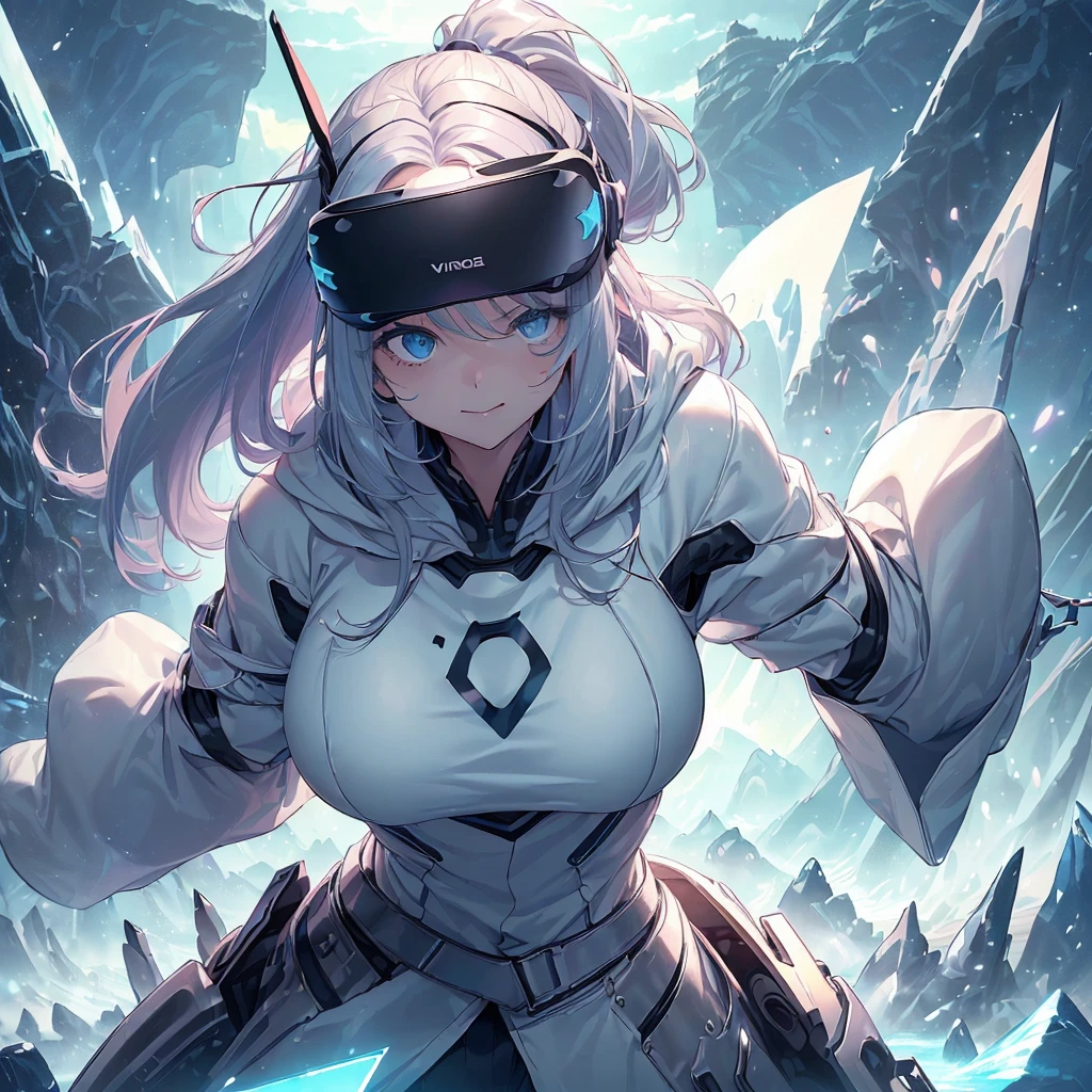 1girl、The best composition、」(((最high quality、Best image quality、masterpiece、ダイナミックなThe best composition、Teenage Girls)))、((White and blue hoodie、Black Skirt、18-year-old、 Ager、Best Bust、Large bast,Beautiful light blue eyes, Long silver hair、Slender,Big Valley、Show the whole body、Leaning forward、Wear the single-eye VR visor on your eye、Jump pose、Excited face、Play VR,)),high quality、Beautiful art、background(( Cyber World、Cyber World、Space World))masterpiece、Depth of written boundary,Super huge、Cyber Sword、