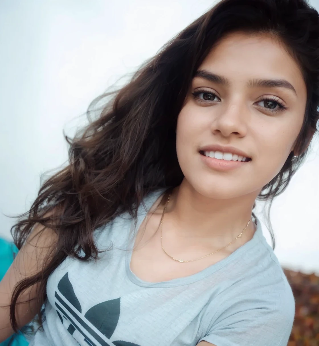 masterpiece, Best Quality, 8K, 1 Indian girl, in autumn, A tree-lined road lined with autumn leaves, out of focus, 18 yo, medium breasts⁩, Mouth slightly open, cute little, Solo, sad, Clothes that look good in autumn, Cute, Girly, Delicate girl, Neat and clean beauty, Raw photo, Professional Photography, Portrait, Soft light, Professional Lighting, Back lighting, Upper body, see the beholder, Sophisticated, Film grain, (Eyes and faces with detailed:1.0), medium hair swaying in the wind, beautiful flowing brown hair, bangs