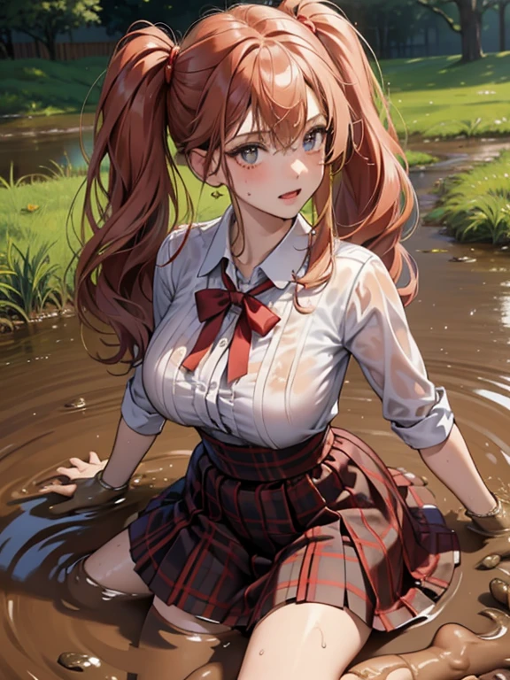 (masterpiece, best quality:1.2),  , looking at viewer , school girl wet white clothes, soaked, dripping wet, wet hair, wet skin, translucent, glistening with oil, fully clothed, wet muddy field, dripping with mud, muddy arms, muddy hair, lying in mud, submerged, covered all over, muddy face , skirt dark red , plaid skirt , pleated skirt , Tight shirt , white Shirt , school girl  , red knot , red bow , school , skirt is adjacent to the chest , big breasts , big tits  , twin tails hair