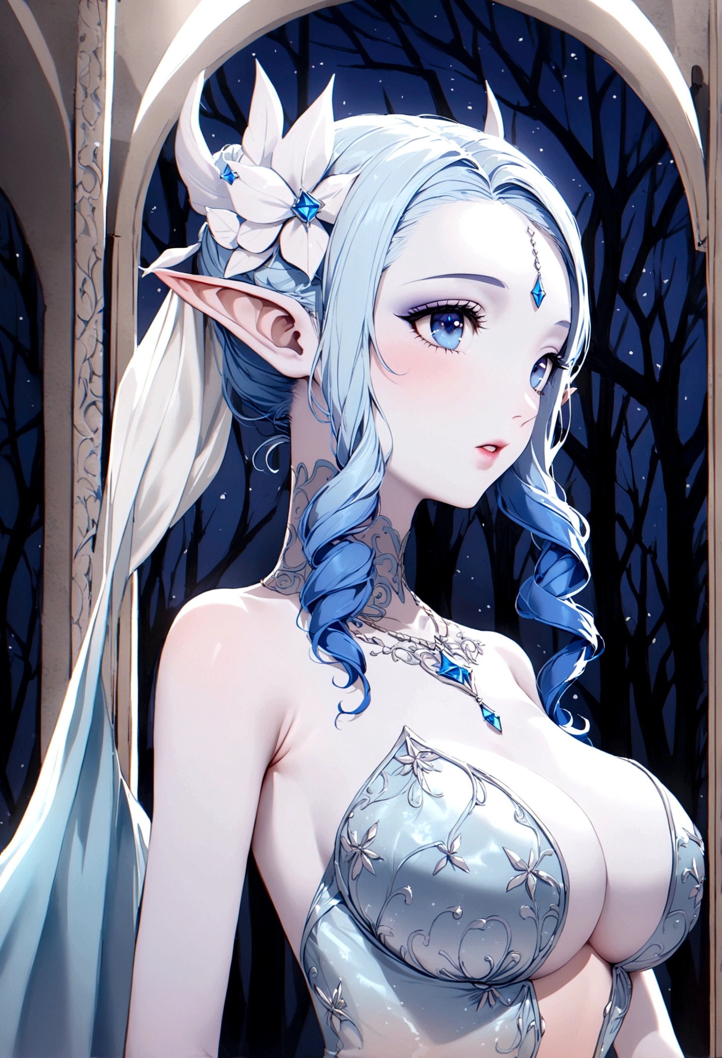 A ice elf (lovely woman, pale blue skin, deep blue hair and eyes, sheer reflective evening dress) acting alluring in a winter wonder land