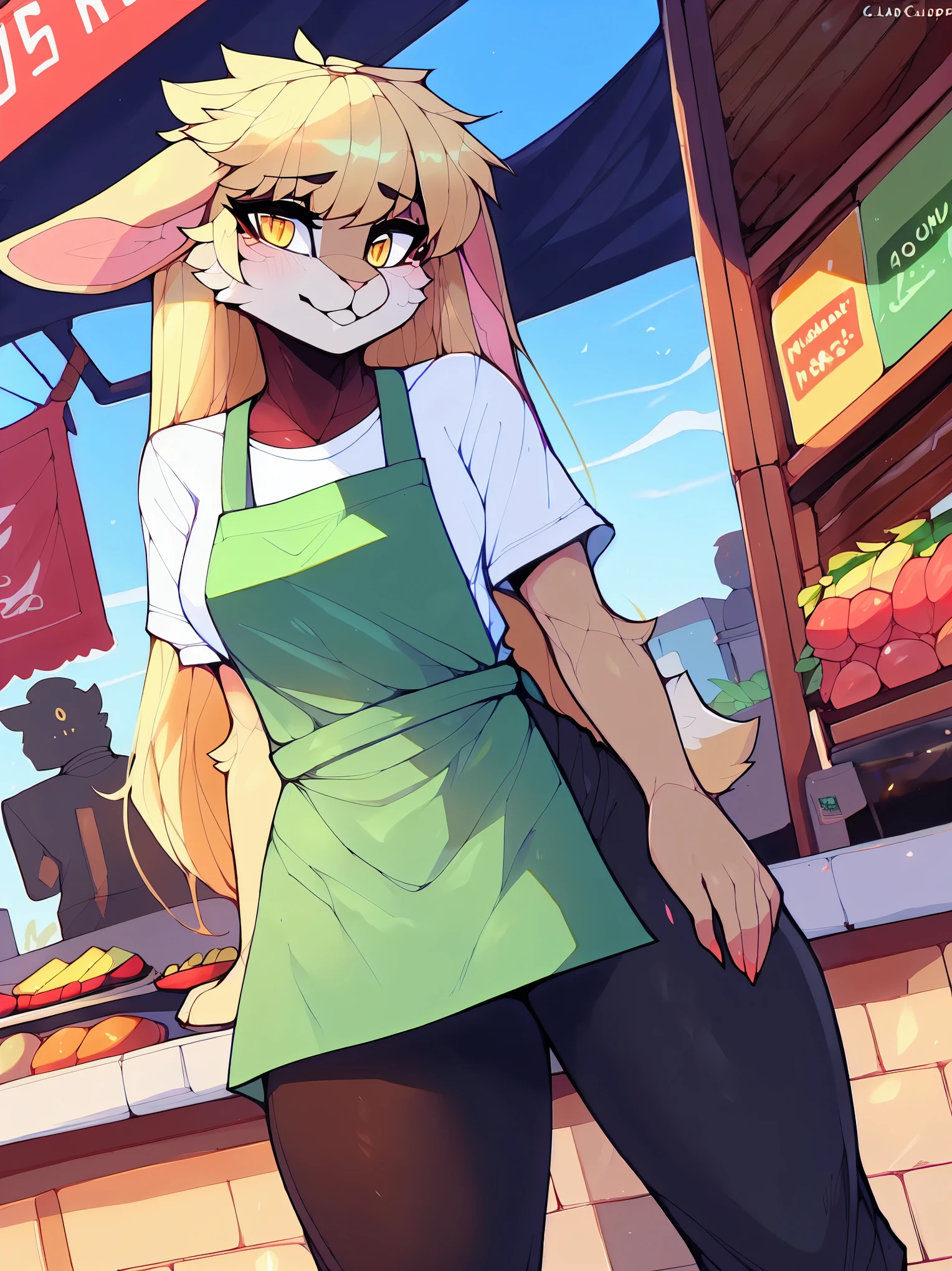 (highly detailed), ((Masterpiece)), ((Best Quality)), ((claweddrip)), solo, female, rabbit, rabbit tail, (lop ears:1.1), blonde hair, long straight hair, beige fur, yellow eyes, bright eyes, medium breast, ((white shirt)), ((green apron)), ((black pants)), market scenery 