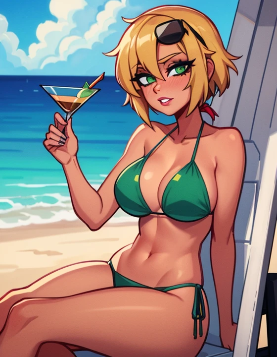 (best quality:1.3), (4K quality),masterpiece, best quality, high res, detailed, (Detailed face:1.2), (Detailed eyes:1.2), (Hourglass figure:1.2), CARTOON, ANIME, CARTOON ARTSTYLE, 1girl, solo, 36-years-old, tan olive skin, short blonde hair, pony tail style, emerald eyes, eyeshadow, mascara, red lipstick, puckered lips, ((Wearing a flossing green bikini and sunglasses)), walking, ((holding a martini glass in one hand)), beautiful beaches, palm trees, beach resort, recliners, laying down on recliner, beach vacation, summer getaway, relaxed atmosphere, cinematic lighting, sunset, detailed background,