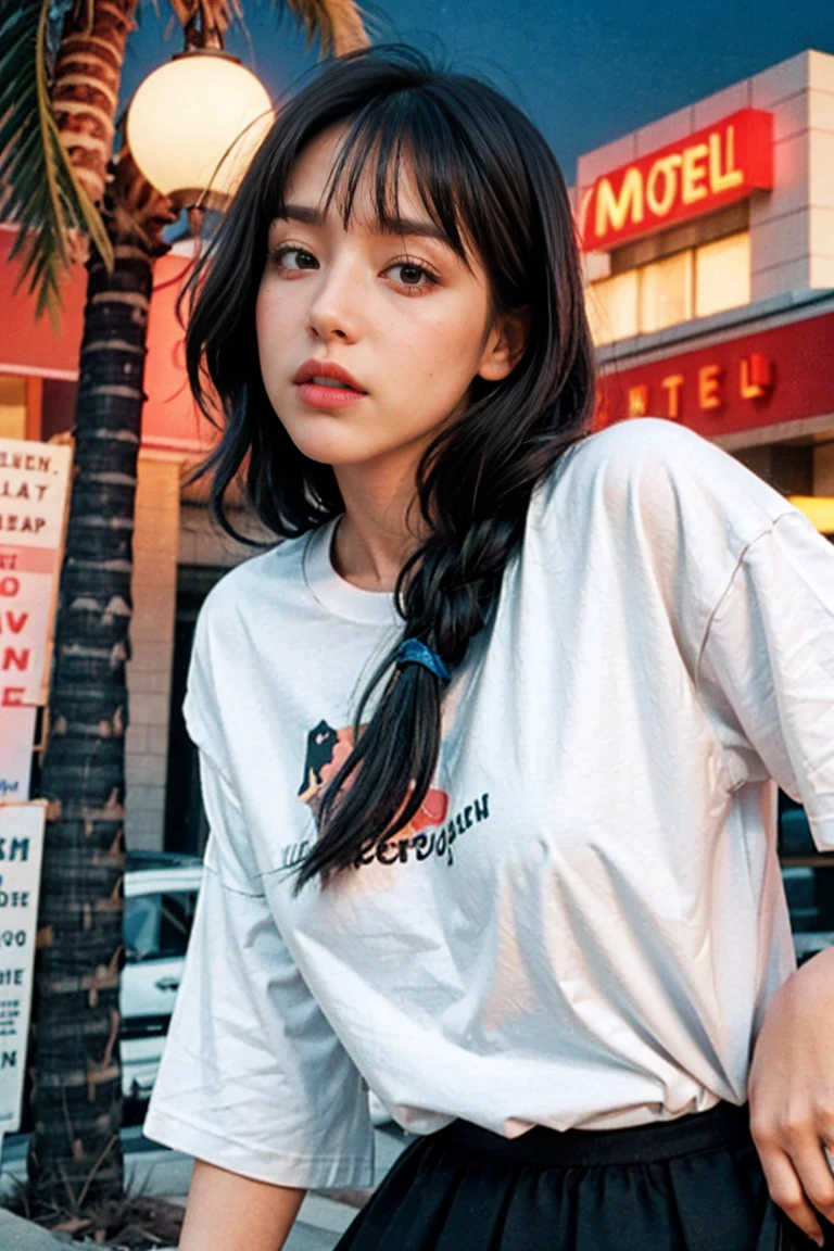 ((long shot photography)) ((best quality)), ((masterpiece)), (detailed),upper body,close-up, 8k, RAW photo,1 girl,real Polaroid photo, beautiful, ultra-realistic,detail face, light leak,dark intens shadow, black bob hair, almond eye, no makeup, white tshirt, ((oversized untucked tshirt)), peach color skirt, in front of ((80's architecture colorful mondrian motel)), (realistic:1.1), (surreal:1.2), (very detailed:1.1), ((masterpiece)),(sharp focus), (palm trees),summer, blue sky,sunny, los angles vibes
