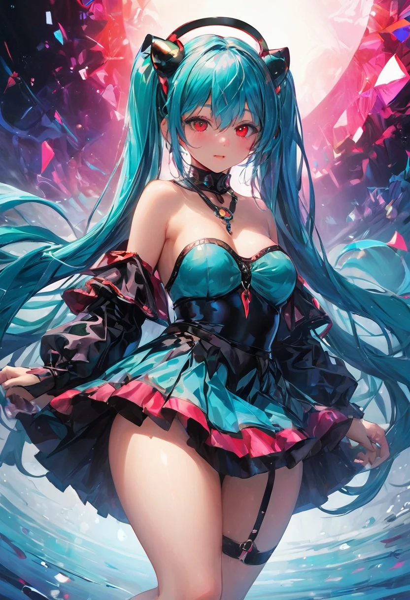 (Highest quality, 4K, 8k, High resolution, masterpiece:1.2), Very detailed, (Realistic, photoRealistic, photo-Realistic:1.37), expressive aesthetics, 1960s counterculture, Brightly colored humanoid, Psychedelic Art, Retro art style, Sharp details, abstract pattern, , Dark Power, , Background of love, , , Fractal Art, Multicolored neon lights, A unique and trippy perspective, landscape, Hallucinations, a mind-changing experience, Motion Blur, Fluid movement, Synthesizer Sounds, Realistic fur rendering, Rich and vibrant color palette, , Mysterious glow, high contrast lighting, , Both eyes are the same size, One Girl, alone, voluptuous, , , , Wet, Glowing Skin, , , Wrist cuff, , latex, , , Red cheeks, , , , , , Beautiful nipples, , , Pussy, , Shiny rosy lips, Sexy posture, Dynamic pose,Lens flare, Hatsune Miku, , cyan hair, ,Chest compressions,, Pleated skirt, torogao, , , Sex slave, bondage, bdsm, garter belt